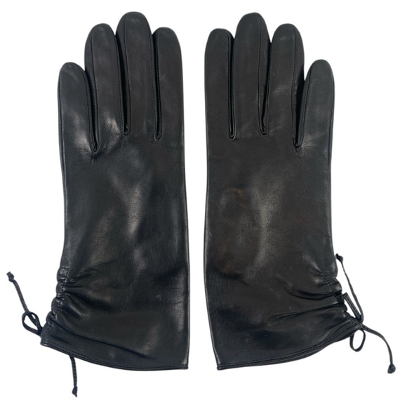 Nine West Women’s Black Leather Gloves Gathered‎ Draw Strings at Wrist Sz M - Picture 1 of 7